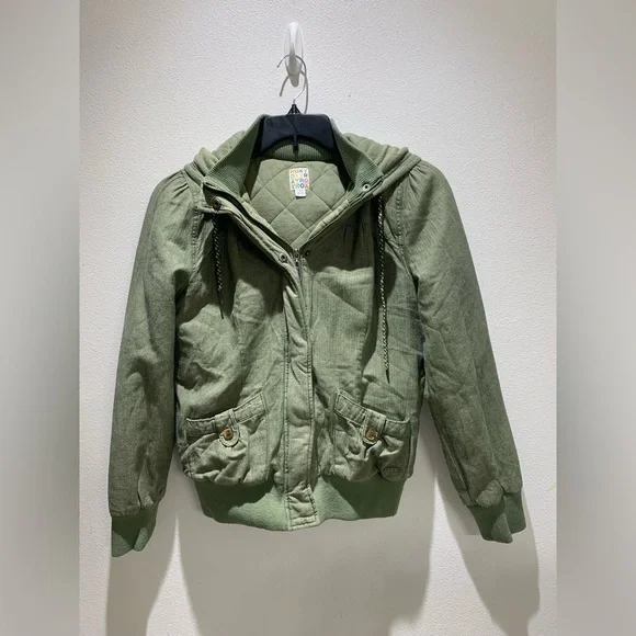 Roxy Women's Hooded Jacket Quilted Lining 100% Cotton Pockets Green Size L - Picture 2 of 10